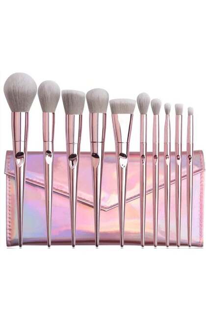 10-Piece Makeup Brush Set with PU Pouch Pink/Grey