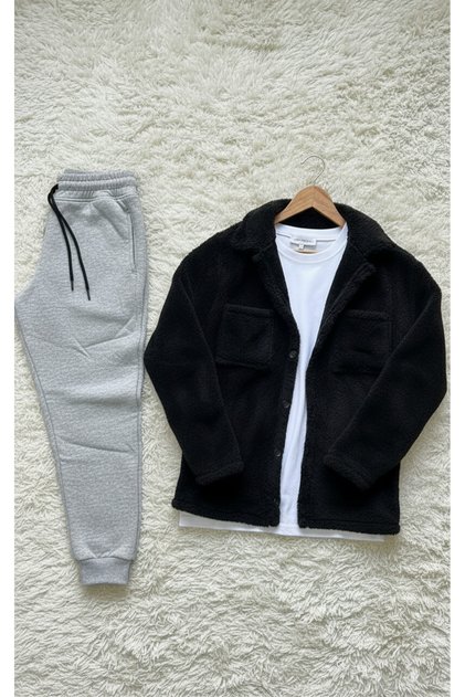 Trend, Men'S, Black, Teddy Sherpa, Plush, Fleece, Jacket, Gray, Jogger Sweatpants