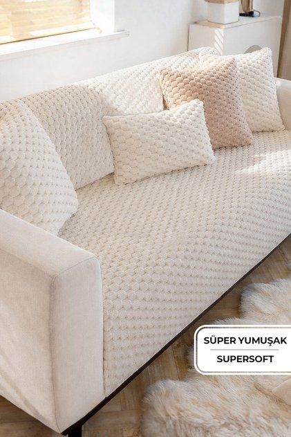 Soft Kürklü Koltuk Örtüsü 170x215 cm Yumuşak Peluş Kaymaz Taban Kanepe Örtüsü Bej