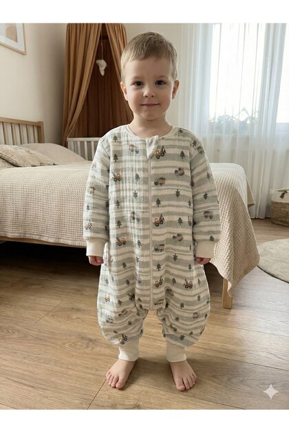 Uzun Kollu Penye Astarlı 4 Kat Müslin Uyku Tulumu (1.5 TOG)