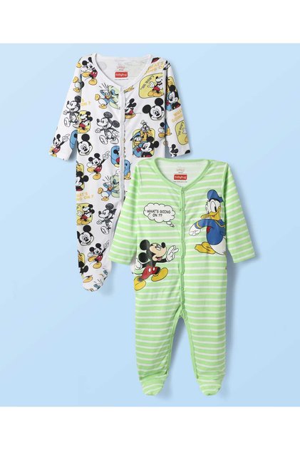 Knit Full Sleeve Footed Sleepsuit Stripes & Mickey MousePack of 2-White & Light Green