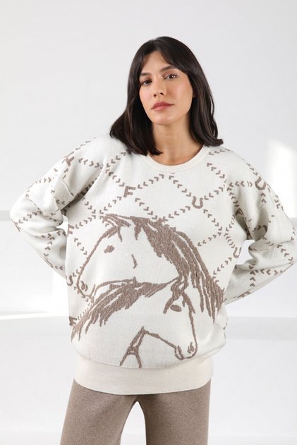 Ecru/Mink Long Sleeve Crew Neck Cashmere Embossed Patterned Women's Knitwear Sweater