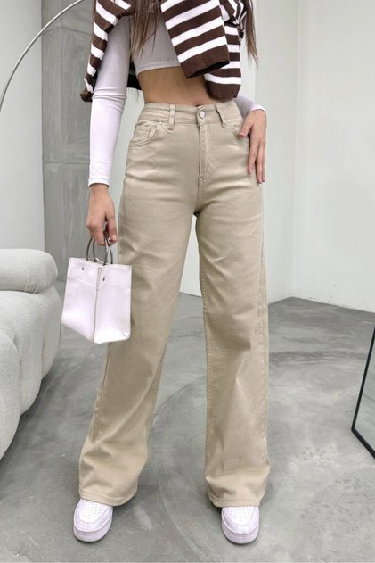 Women's Beige High-Waisted Wide-Leg Loose Palazzo Jeans