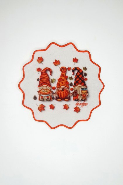 Autumn Gnomes Leaf and Pumpkin Themed Embroidery Edge Cocktail Napkin 1 Piece