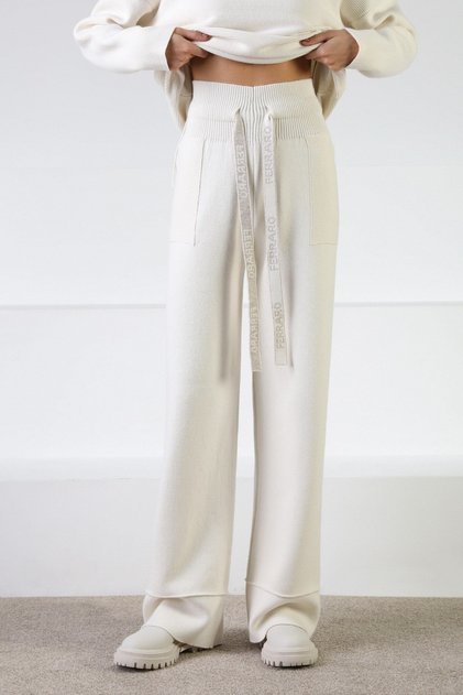 Ecru Women’s Pocketed Cashmere-Blend Knit Pants with Belted Waist