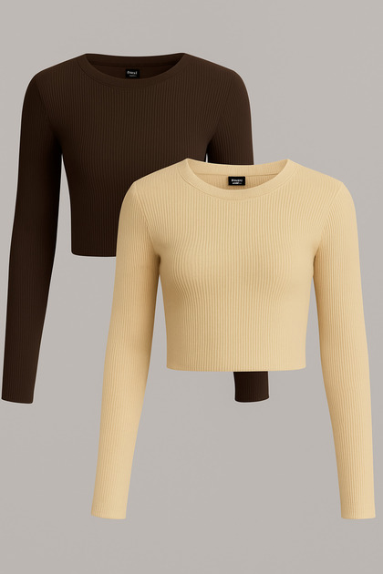 2 Pcs Women's Ribbed Crew Neck Ribbed Knit Cropped Blouse