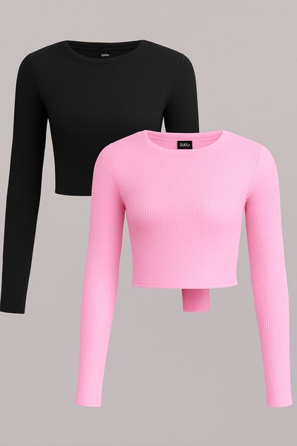 2 Pcs Women's Ribbed Crew Neck Ribbed Knit Cropped Blouse