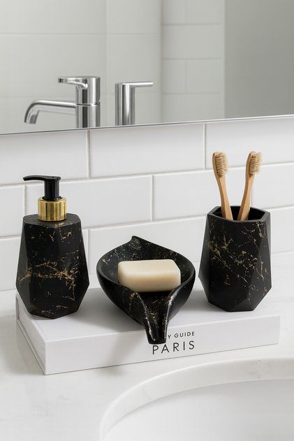 Dekoratif 3 Parça Geometrik Mermer Desen Banyo Seti Sıvı Sabunluk Katı Sabunluk Diş Fırçalık Seti