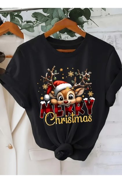 Unisex New Year Cute Deer Merry Christmas Design Basic Crew Neck Regular T-Shirt 100% Cotton