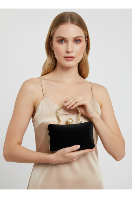 Black Gold Metal Handle Detailed Luxury Wavy Velvet Women's Evening Dress Bag Wedding Engagement Graduation