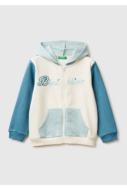 Kız Çocuk Ekru-Mavi Renk Bloklu Payet Nakışlı Fermuarlı Kapüşonlu Şardonlu Sweatshirt