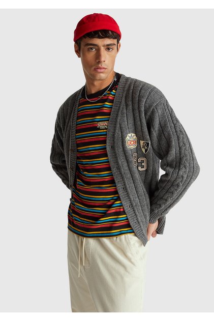 Men's Anthracite Melange 100% Wool Stranger Things Cardigan
