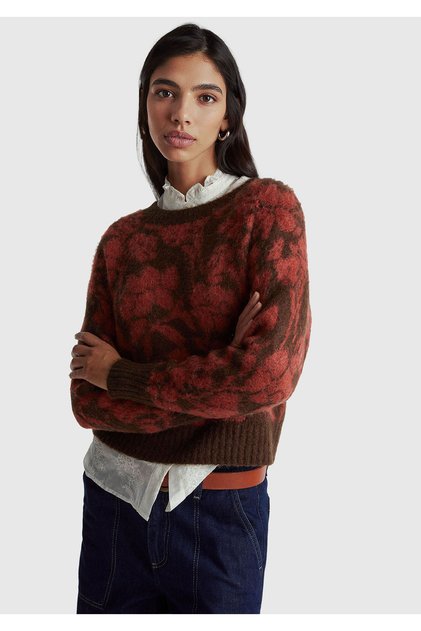 Women's dark brown wool blend patterned ribbed detailed crew neck sweater