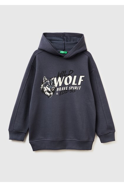 Erkek Çocuk Koyu Gri Önü Baskılı Düşük Omuzlu Kapüşonlu Sweatshirt