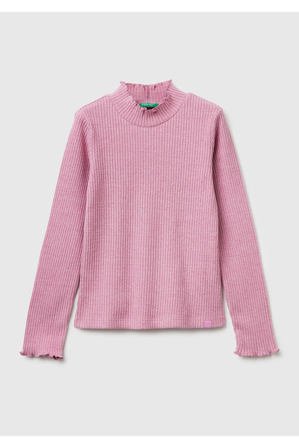 Girl's pink logo label ruffle detail mock neck long sleeve t-shirt