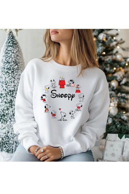 Snoopy ve Arkadaşları Baskılı Bisiklet Yaka 3 iplik Sweatshirt