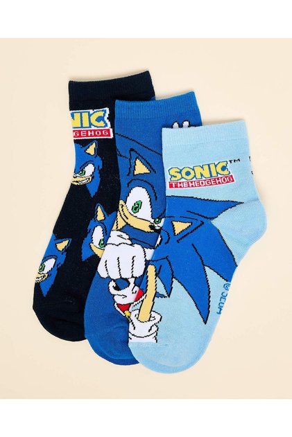 Boy'S Blue 3 Pack Sonic Print Ankle Socks
