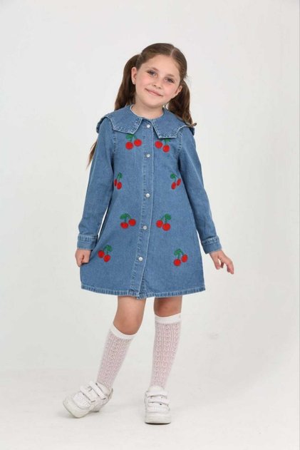 Girl's Cherry Embroidered Blue Dress