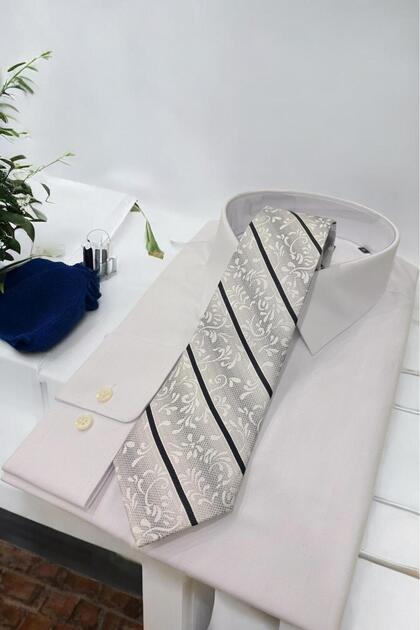 Microfibre 8 cm Çizgili Gri-Siyah Kravat KR-100
