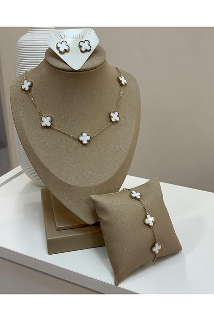 bs bellss accessory Stainless Steel Çelik Beyaz Yonca Model Kolye