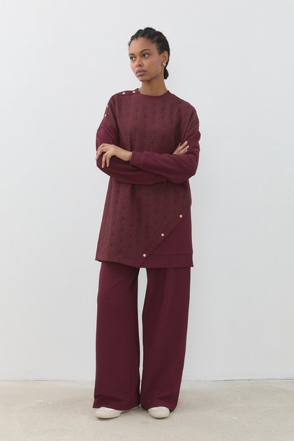 İnce Kapitone Detaylı Örme Pantolon Tunik Takım Bordo