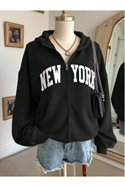 pandy Yıldız Baskılı Unisex Kapüşonlu Oversize Mevsimlik Fermuarlı