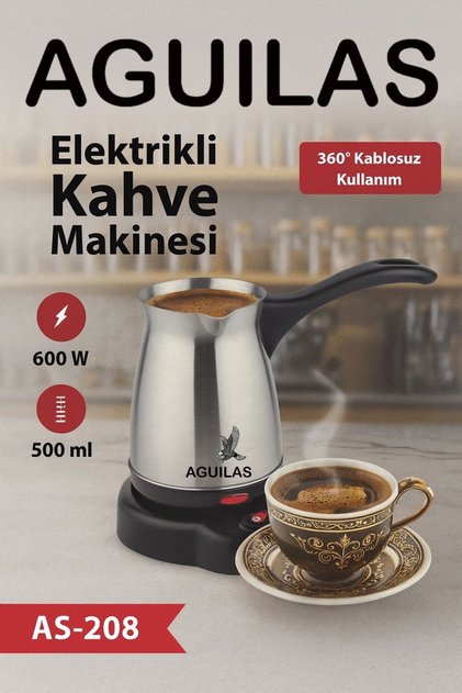 AS-208 Elektrikli Türk Kahve Makinesi Paslanmaz Çelik 600W 500 ml Kablosuz 360° Taban