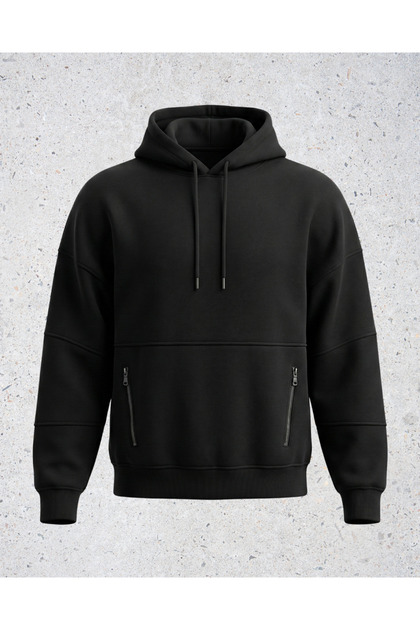 Breezy Erkek Oversize Yan Cepli Fermuarlı Sweatshirt 3 İplik