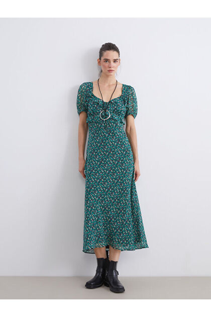 Rmz Gi̇yi̇m Farkiyla Heart Roba Collar Floral Balloon Sleeve Dress