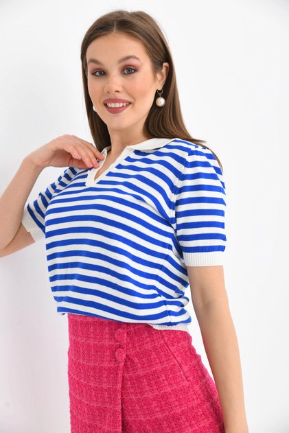 Women's Polo Neck Short Sleeve Striped Knit Sweater 10021