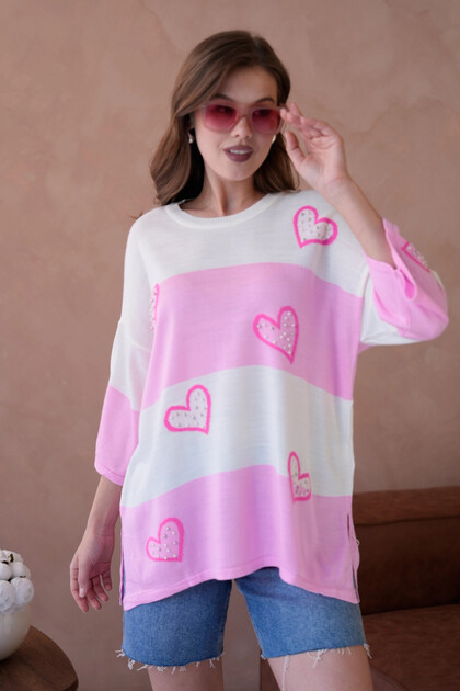 Women's Crew Neck Pearl Embroidered Ov Oversized Riko Sweater 10178