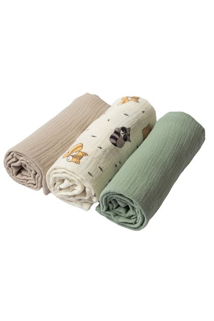 Set 3 paturici din muselina dubla moale 78x78 cm Cuddly Buddies, 100% bumbac