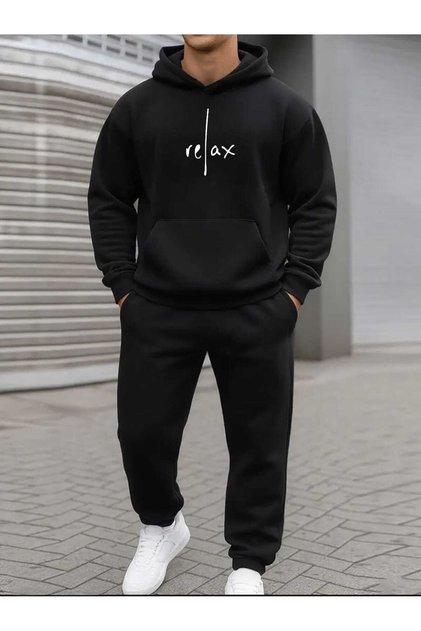 Men's Relax Bottom Top Set Fashion Print Design Hooded Sweatshirt