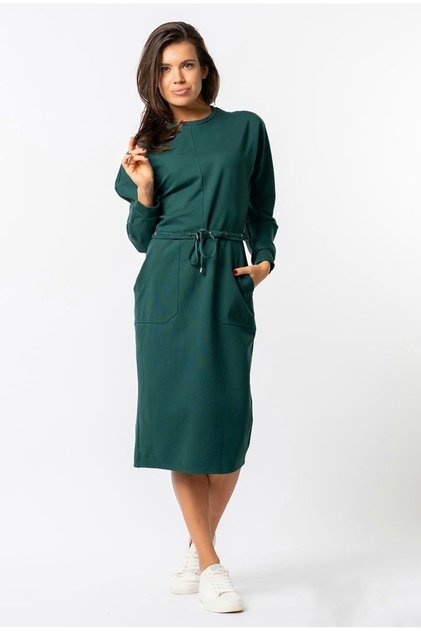 Rochie midi verde cu snur in talie si buzunare laterale