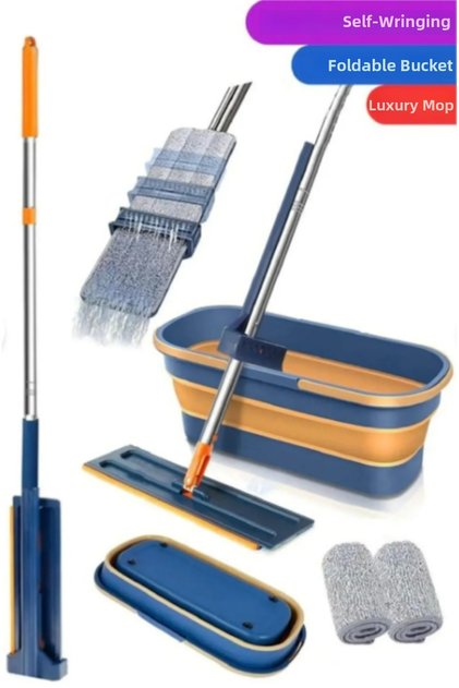 Practical Foldable Cleaning Mop and Wheeled Bucket Set
