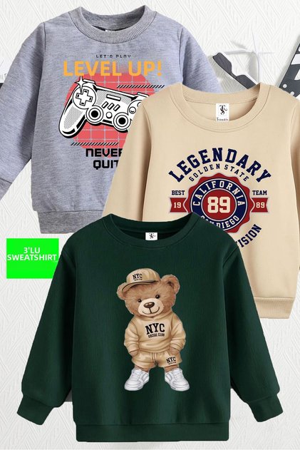 Teddybear and Game Console Printed 3-Pack Unisex Crew Neck Beige-Grey-Green Children's Sweatshirt
