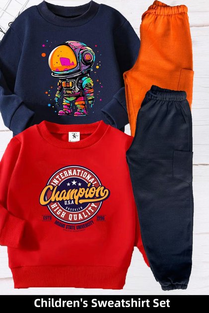 Astronaut Printed 2-Piece Pack Navy Blue-Red Unisex Children's Tracksuit Set with Inner Hood