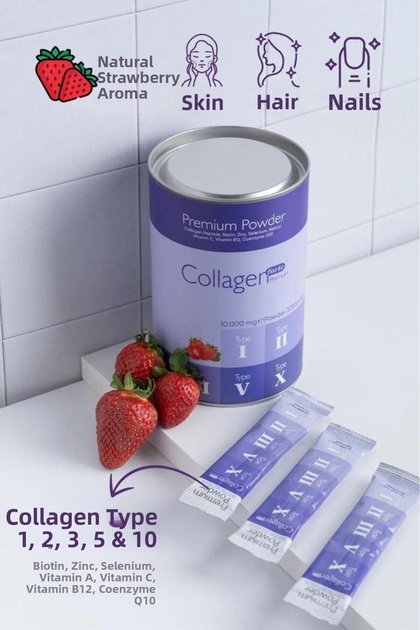 Powder Collagen 300 g, 5 Types Powder Collagen 10,000 mg x 30 Sachets & Multivitamin Strawberry Flavored