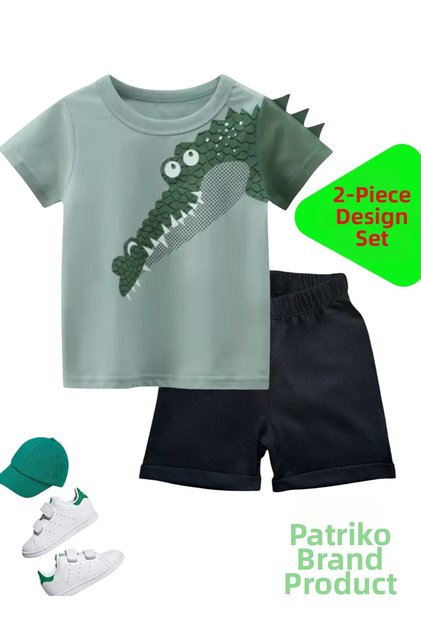 3D Light Green Crocodile Design & Black Shorts T-Shirt Set Nursery, Kindergarten Boys' Set-Order a Size up