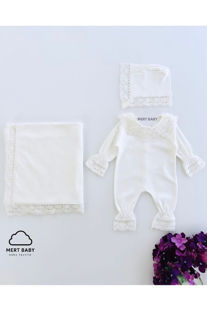 Milly 3-Piece Organic Hospital Discharge Set Ecru 100% Cotton Newborn Kopanaki Lace Baby Girl