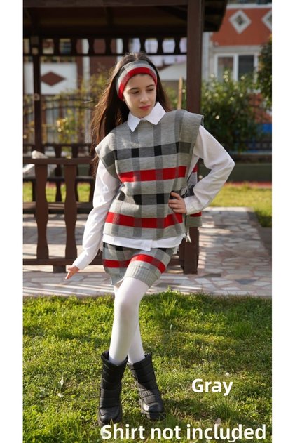Girl's Waiter 3-Piece Knitwear Set with Plaid Hairband, Skirt, Open Sides and Tie Detail Sweaters