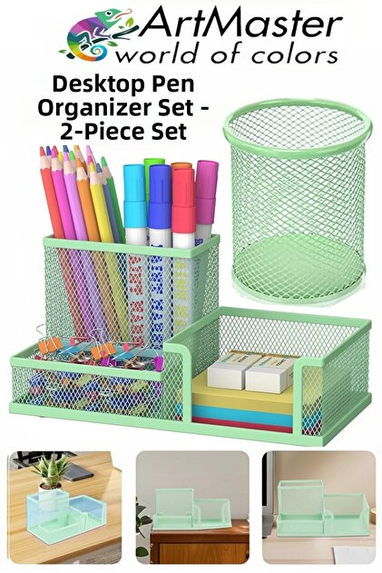 Desktop Metal Cylinder Pen Holder and 3-Piece Organizer 1 Pack Mesh Perforated Light Green Pen Holder Paper