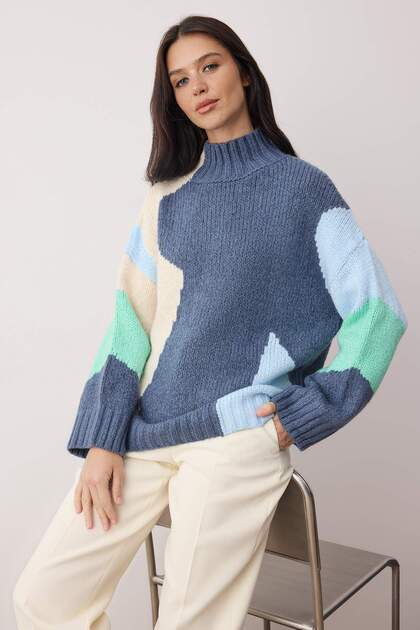 Trendyolmilla Mavi Yumuşak Dokulu Renk Bloklu Geniş Kalıp Triko
