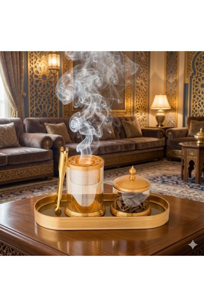 مجموعة مبخرات وأوعية زجاجية ومعدن باللون الذهبي، بتصميم دف وقطة