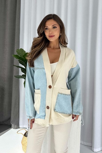 Garnished Denim Detail Women's Cardigan - Blue