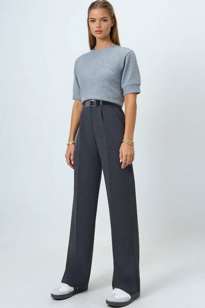 ALAÇATI STYLE Femei Gri cu centură Închidere cu nasturi Buzunare duble Pa pantaloni palazzo s01458