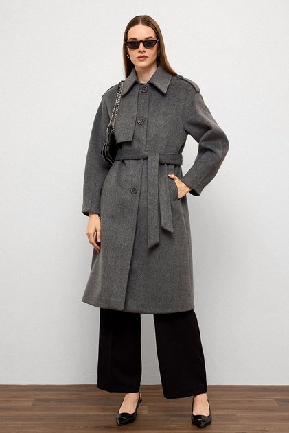 Shirt Collar Punto Stitching Detailed Premium Coat Gray 3125