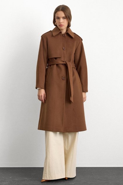 Premium Coat with Shirt Collar and Punto Stitch Detail Tütün 3125