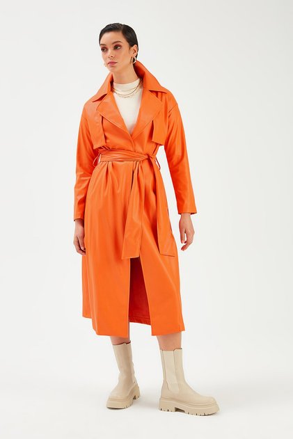 Belted Long Leather Trench - Orange