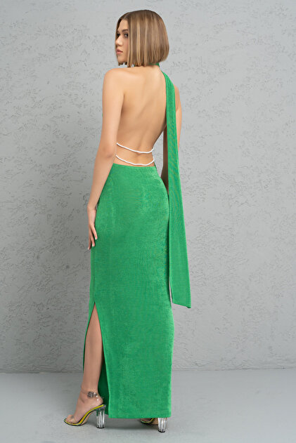Kikiriki Kelly Green Halter Maxi Dress with Back Detail- Trendyol